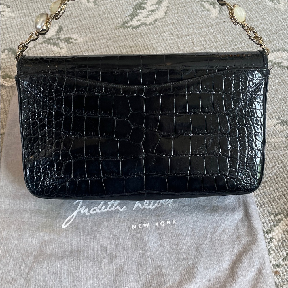 Judith Leiber Black Crocodile Clutch with Gold & Pearl Detailing - Picture 10 of 10